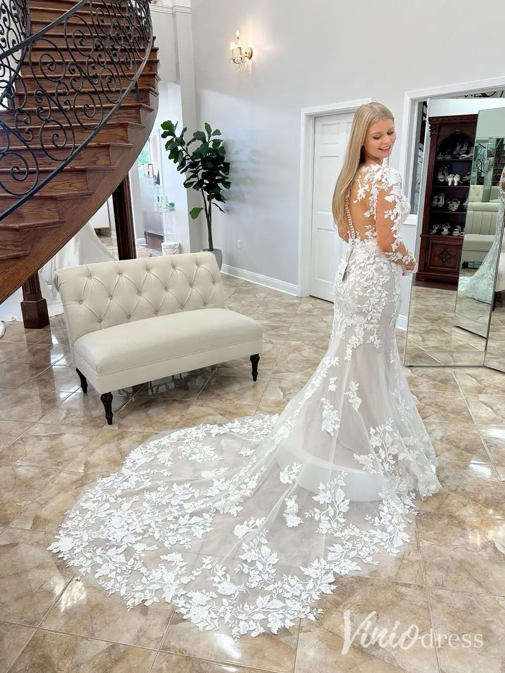 Elegant Lace Mermaid Wedding Dress with Illusion Long Sleeves and Chapel Train – ML138-wedding dresses 2025 -Viniodress-Ivory-Custom Size-