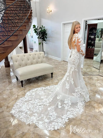 Elegant Lace Mermaid Wedding Dress with Illusion Long Sleeves and Chapel Train – ML138-wedding dresses 2025 -Viniodress-Ivory-Custom Size-