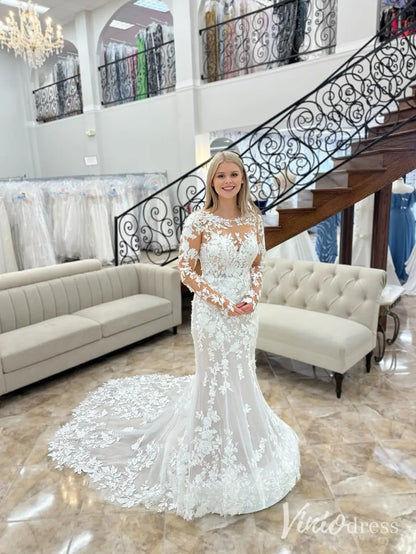 Elegant Lace Mermaid Wedding Dress with Illusion Long Sleeves and Chapel Train – ML138-wedding dresses 2025 -Viniodress-Ivory-Custom Size-