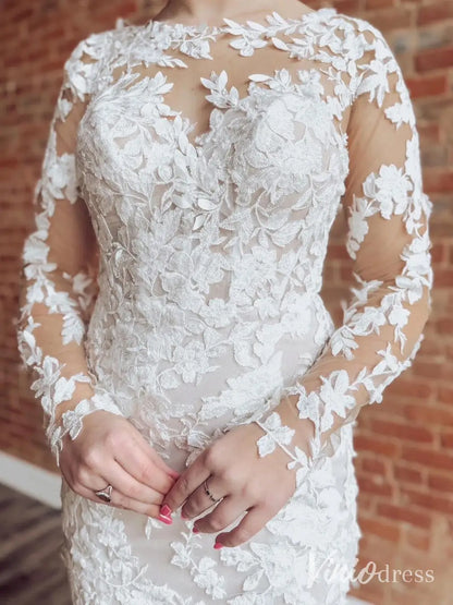 Elegant Lace Mermaid Wedding Dress with Illusion Long Sleeves and Chapel Train – ML138-wedding dresses 2025 -Viniodress-Ivory-Custom Size-