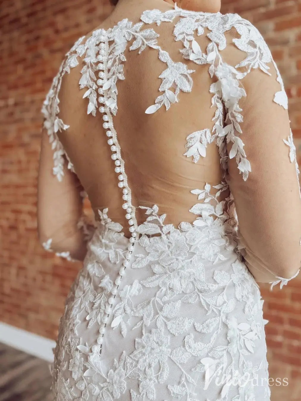 Elegant Lace Mermaid Wedding Dress with Illusion Long Sleeves and Chapel Train – ML138-wedding dresses 2025 -Viniodress-Ivory-Custom Size-