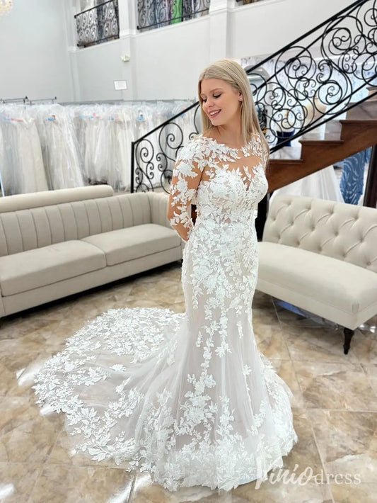 Elegant Lace Mermaid Wedding Dress with Illusion Long Sleeves and Chapel Train – ML138-wedding dresses 2025 -Viniodress-Ivory-Custom Size-
