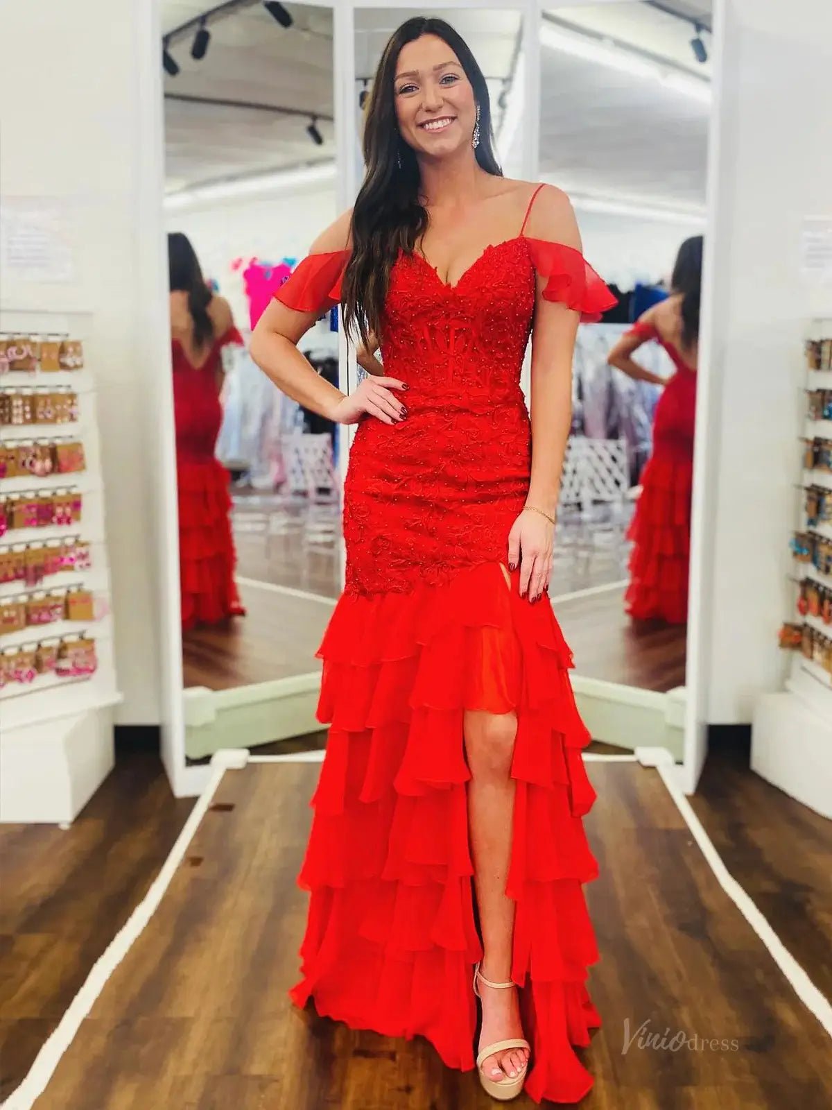Elegant Lace Off the Shoulder Prom Dresses 2025 with Chiffon Ruffle & Viniodress Elegant Lace Off the Shoulder Prom Dresses 2025 with Chiffon Ruffle & Viniodress