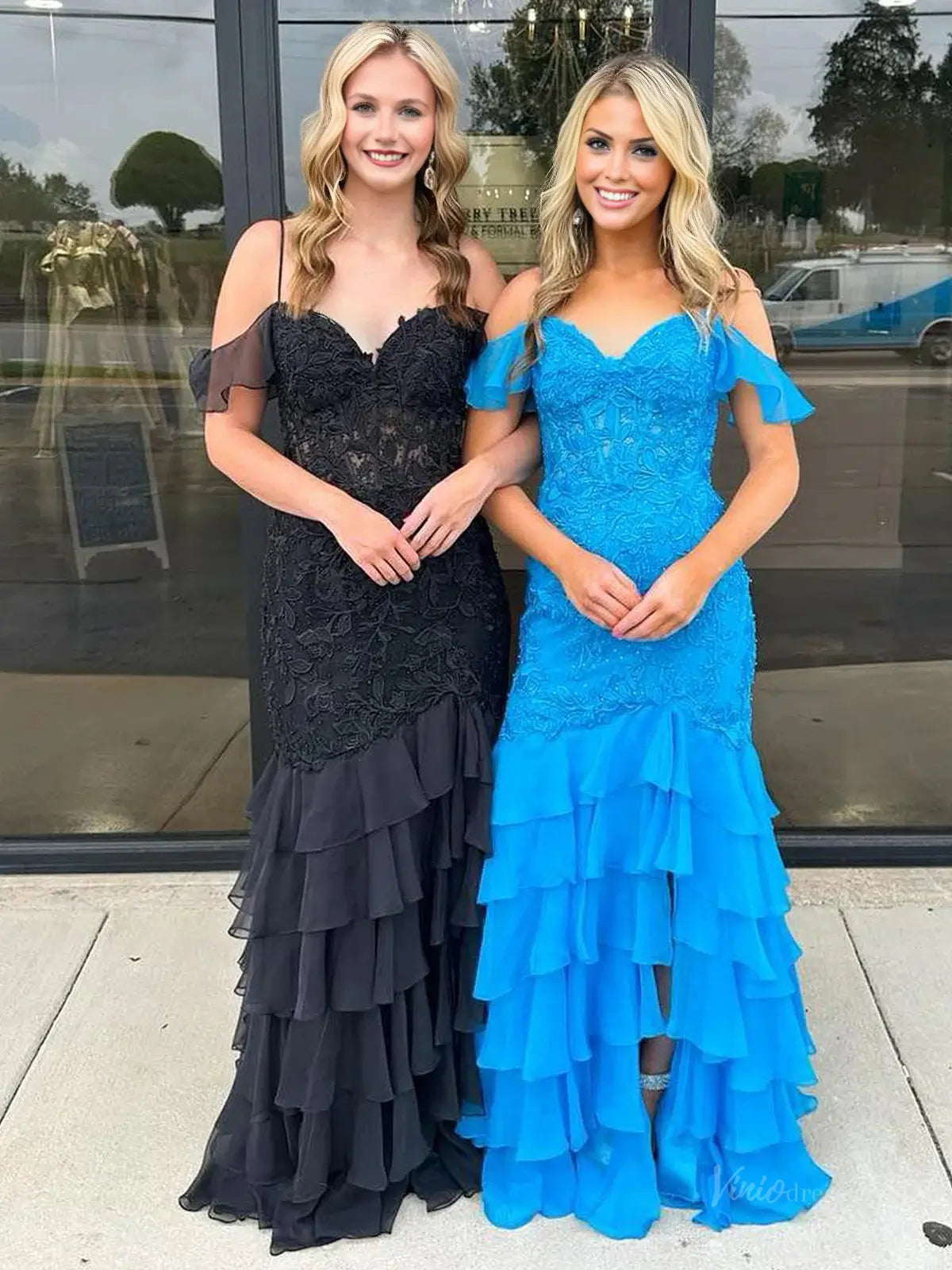 Elegant Lace Off the Shoulder Prom Dresses 2025 with Chiffon Ruffle & Spaghetti Strap – FD5078