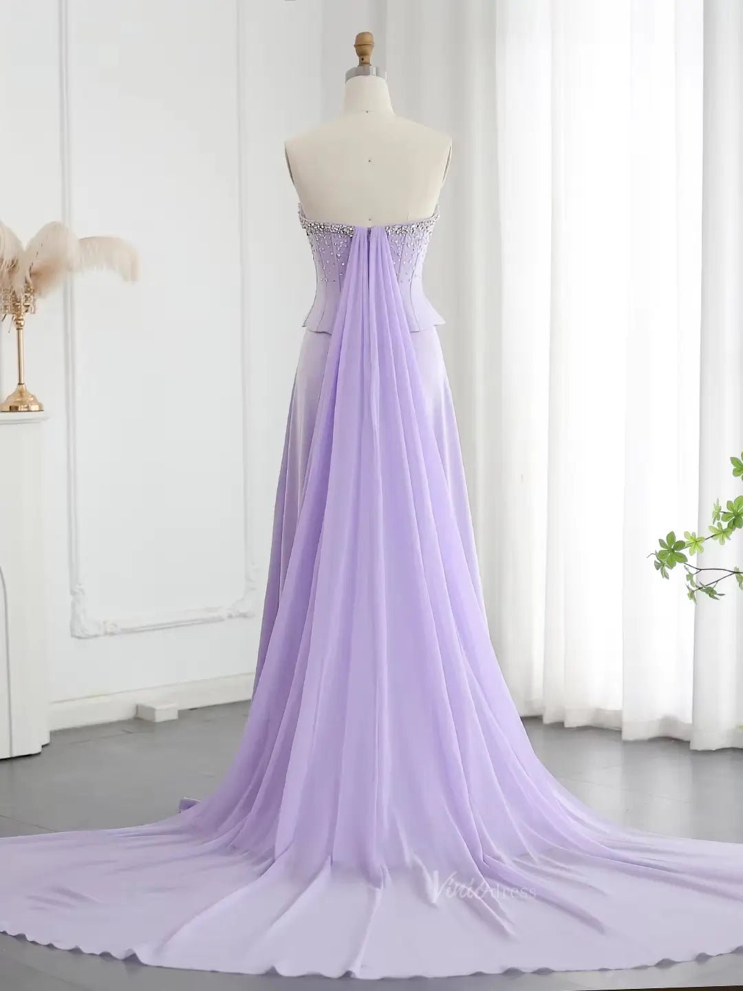 Elegant Lavender Prom Dresses Cape Train Formal Dresses Beaded Strapless Bodice BD031-Evening Dresses 2025 -Viniodress-Lavender-US 2-
