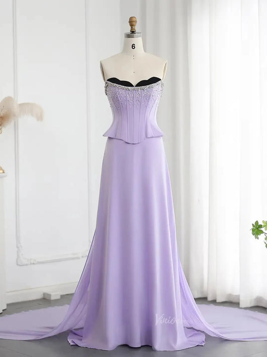 Elegant Lavender Prom Dresses Cape Train Formal Dresses Beaded Strapless Bodice BD031-Evening Dresses 2025 -Viniodress-Lavender-US 2-