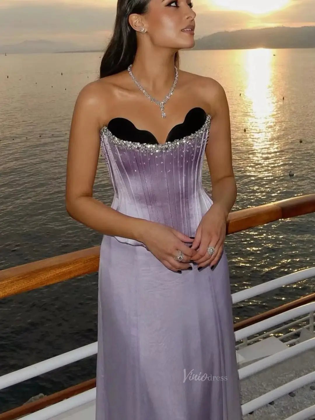 Elegant Lavender Prom Dresses Cape Train Formal Dresses Beaded Strapless Bodice BD031 - ViniodressEvening DressesLavenderUS 2 - Formal Dresses - Ball Gowns