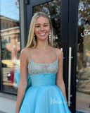 Elegant Light Blue Satin Prom Dresses 2024 Beaded Spaghetti Strap Formal Gown FD3601-prom dresses-Viniodress-Viniodress