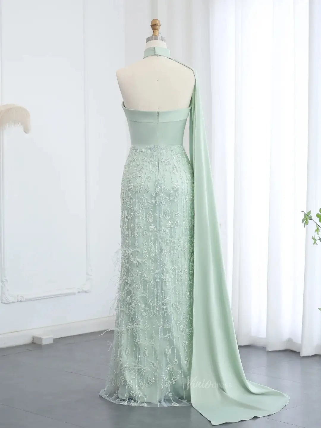 Elegant Light Green Prom Dresses Beaded Sheath Formal Dresses Watteau Train BD011-Evening Dresses 2025 -Viniodress-Light Green-US 2-