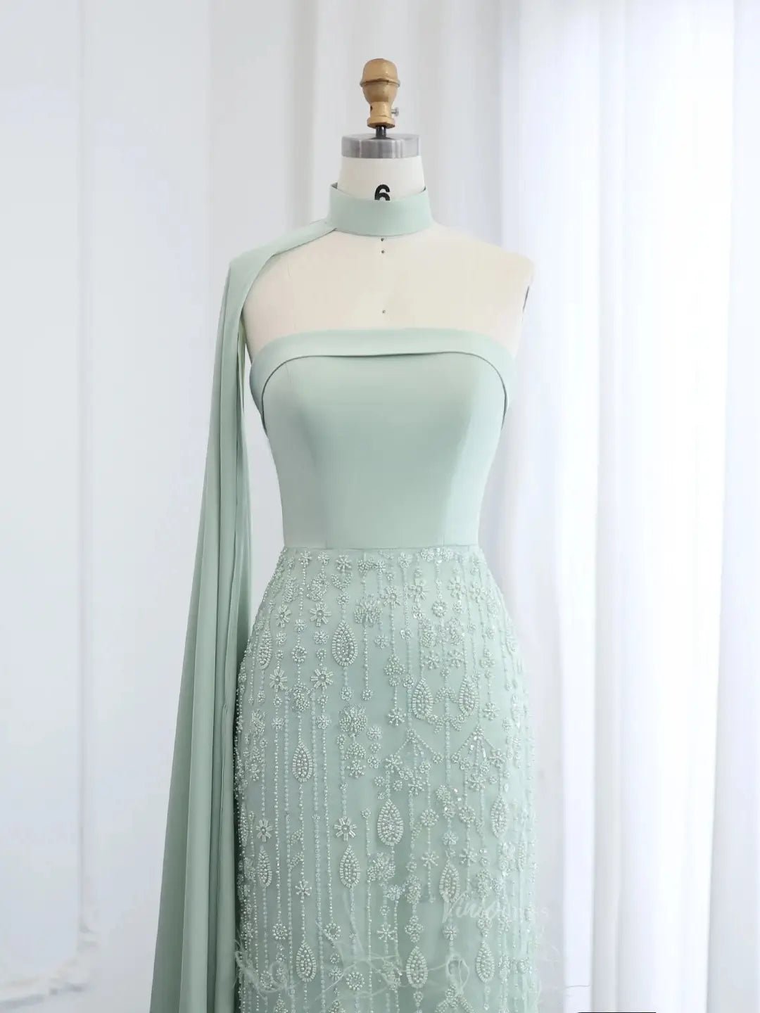 Elegant Light Green Prom Dresses Beaded Sheath Formal Dresses Watteau Train BD011-Evening Dresses 2025 -Viniodress-Light Green-US 2-