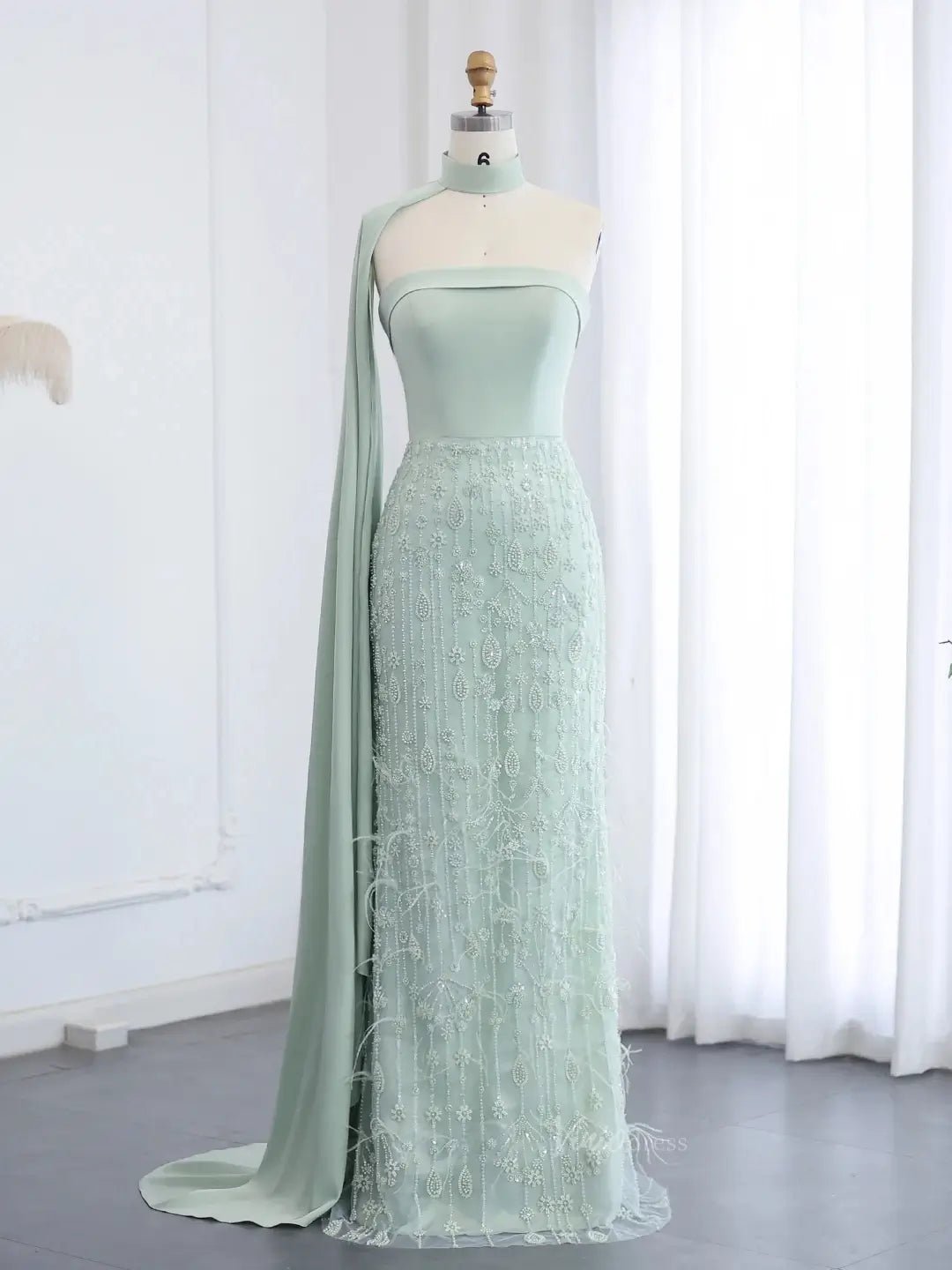 Elegant Light Green Prom Dresses Beaded Sheath Formal Dresses Watteau Train BD011-Evening Dresses 2025 -Viniodress-Light Green-US 2-