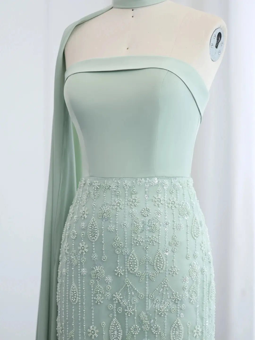 Elegant Light Green Prom Dresses Beaded Sheath Formal Dresses Watteau Train BD011-Evening Dresses 2025 -Viniodress-Light Green-US 2-