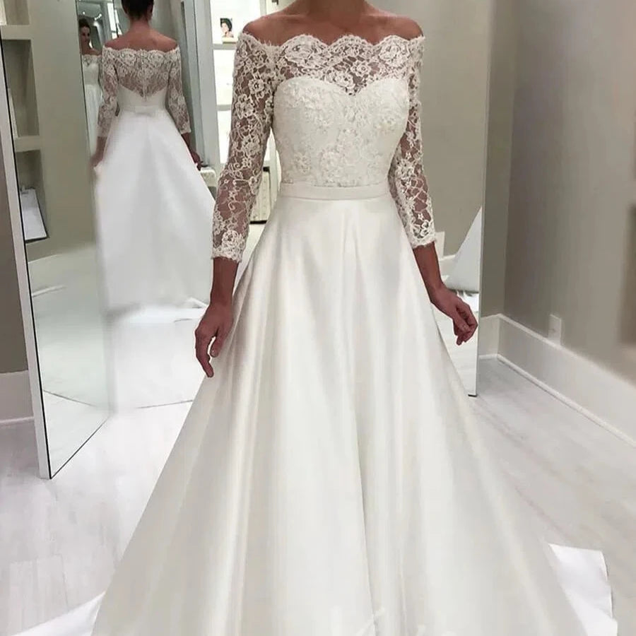 Elegant Long Sleeve Wedding Dresses Timeless Satin Bridal Dress VW1279-wedding dresses 2025 -Viniodress-Ivory-Custom Size-
