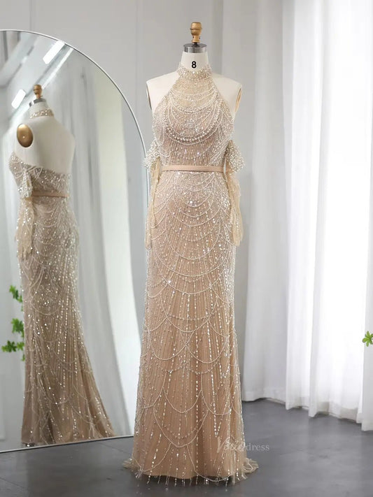 Elegant Luxury Prom Dresses Beaded Mermaid Formal Dresses Removable Sleeves BD028-Evening Dresses 2025 -Viniodress-Champagne-US 2-