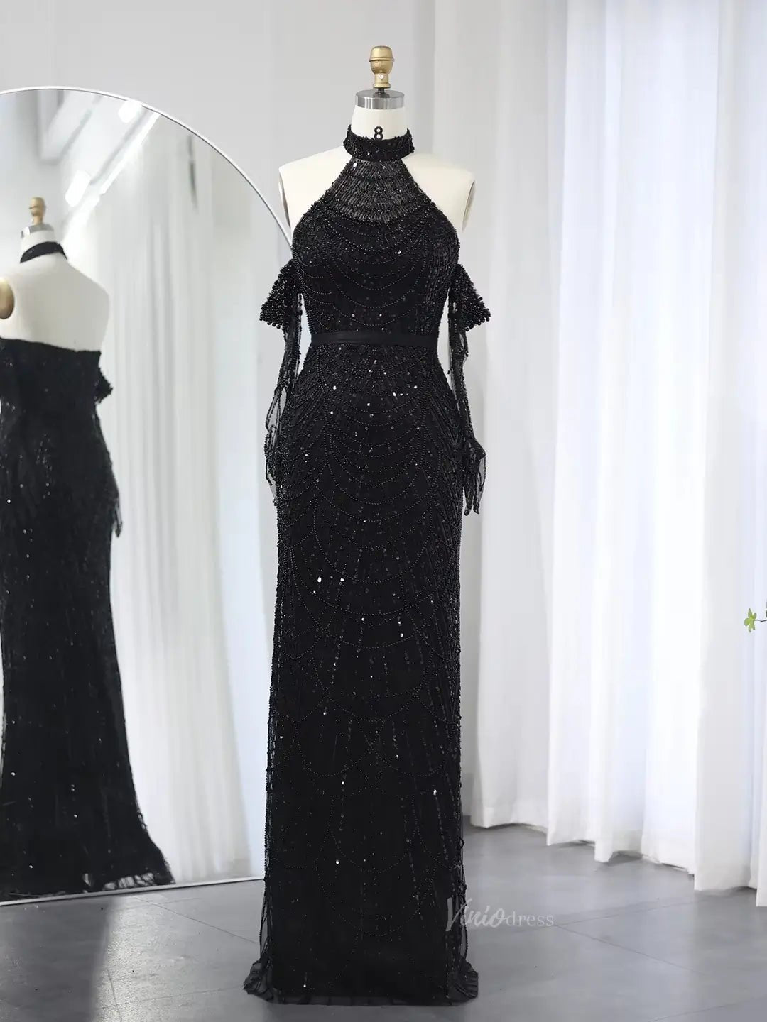 Elegant Luxury Prom Dresses Beaded Mermaid Formal Dresses Removable Sleeves BD028-Evening Dresses 2025 -Viniodress-Black-US 2-