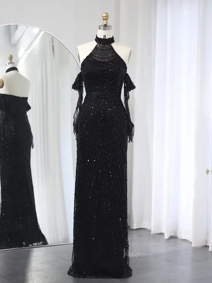 Elegant Luxury Prom Dresses Beaded Mermaid Formal Dresses Removable Sleeves BD028-Evening Dresses 2025 -Viniodress-Black-US 2-