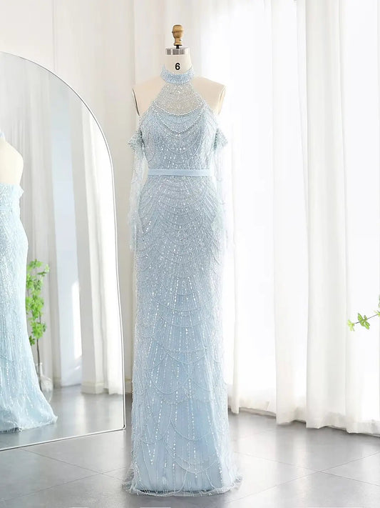 Elegant Luxury Prom Dresses Beaded Mermaid Formal Dresses Removable Sleeves BD028-Evening Dresses 2025 -Viniodress-Light Blue-US 2-