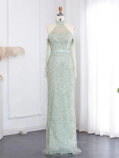 Elegant Luxury Prom Dresses Beaded Mermaid Formal Dresses Removable Sleeves BD028-Evening Dresses 2025 -Viniodress-Light Green-US 2-