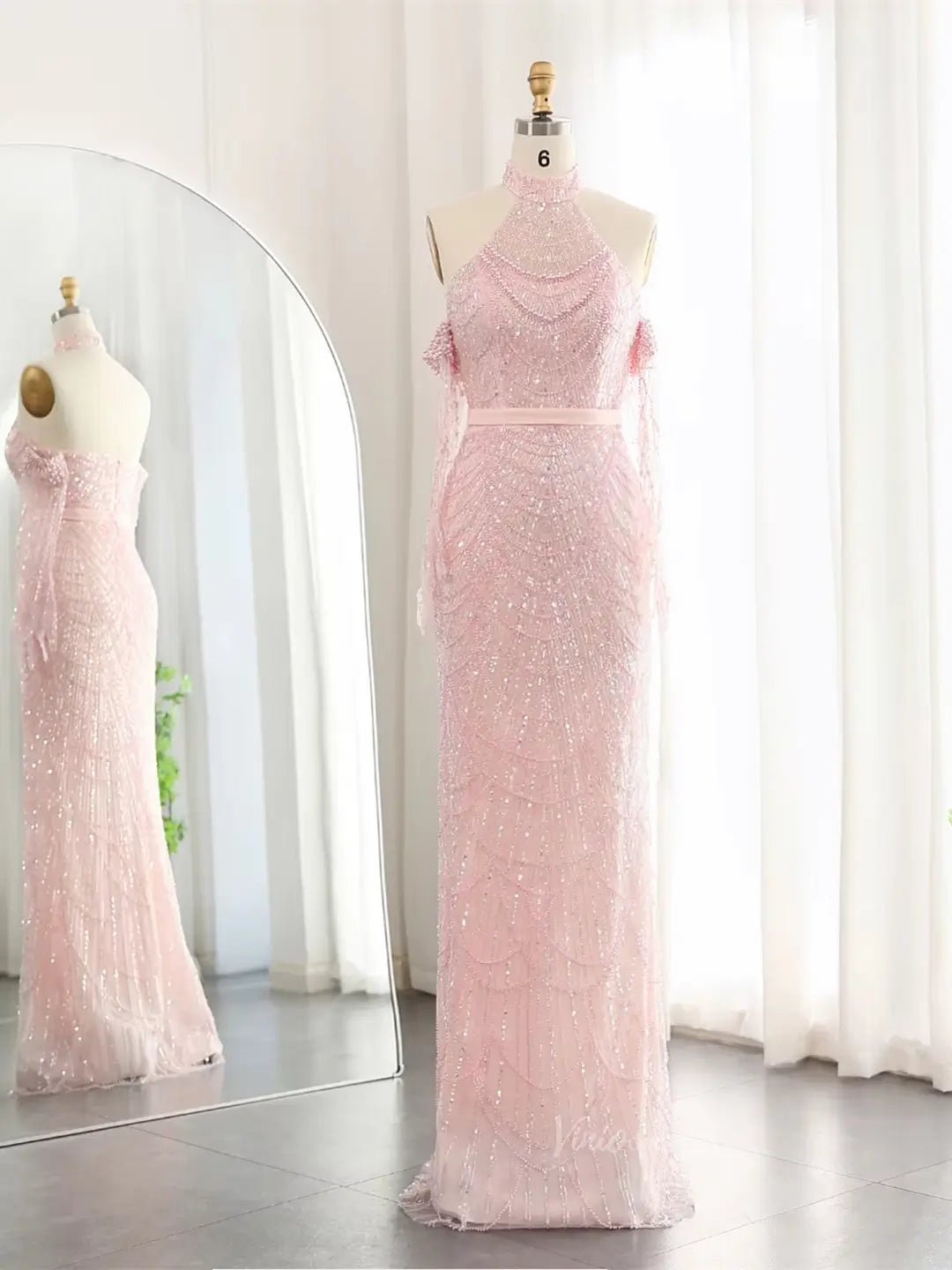 Elegant Luxury Prom Dresses Beaded Mermaid Formal Dresses Removable Sleeves BD028-Evening Dresses 2025 -Viniodress-Pink-US 2-