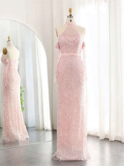 Elegant Luxury Prom Dresses Beaded Mermaid Formal Dresses Removable Sleeves BD028-Evening Dresses 2025 -Viniodress-Pink-US 2-