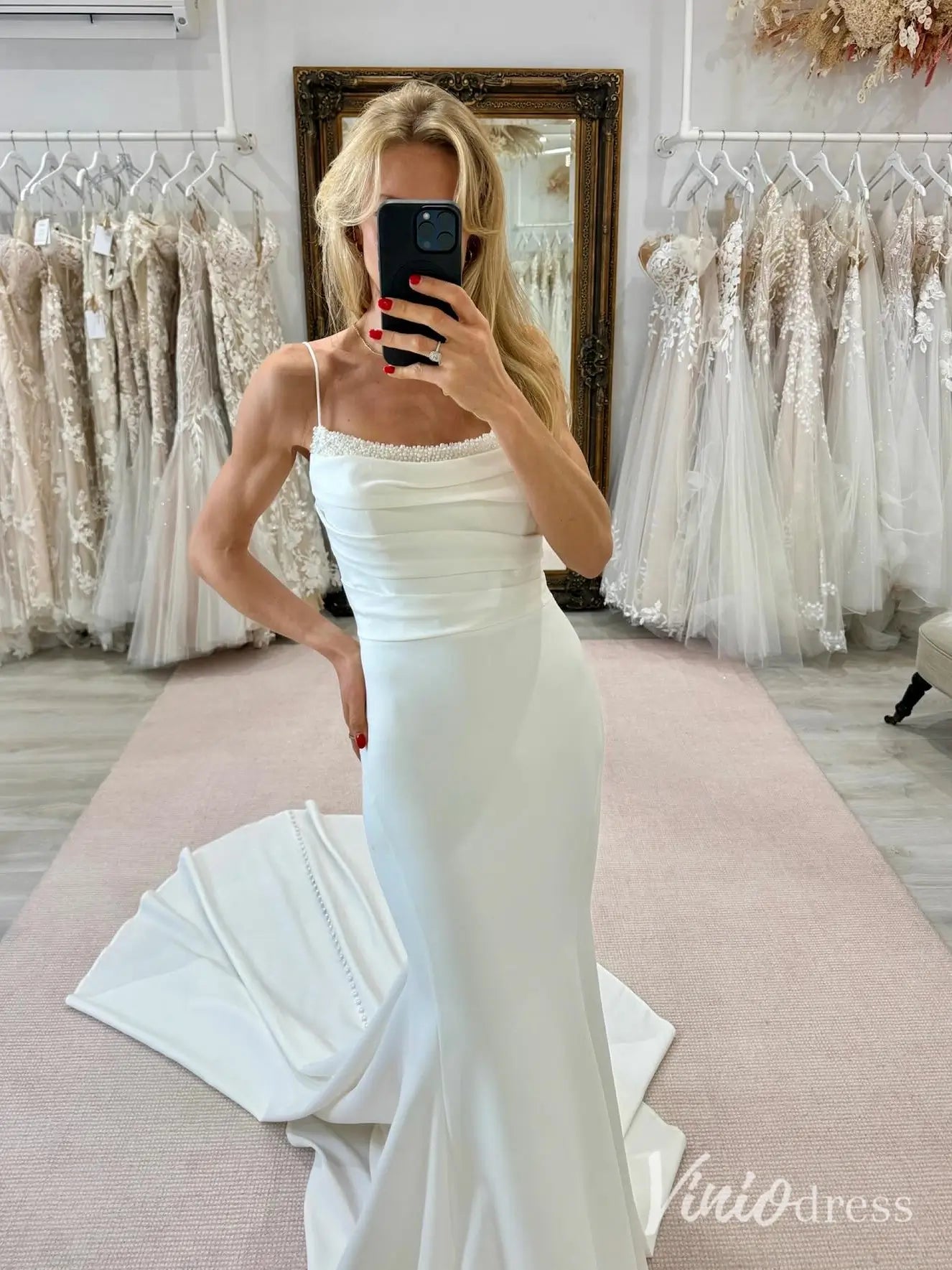 Elegant Mermaid Crepe Wedding Dress with Pearl Beaded Neckline, Spaghetti Straps, and Sweep Train – MN116-wedding dresses 2025 -Viniodress-Ivory-Custom Size-