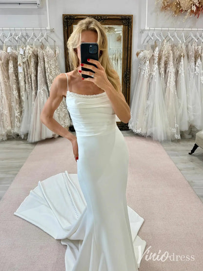 Elegant Mermaid Crepe Wedding Dress with Pearl Beaded Neckline, Spaghetti Straps, and Sweep Train – MN116-wedding dresses 2025 -Viniodress-Ivory-Custom Size-