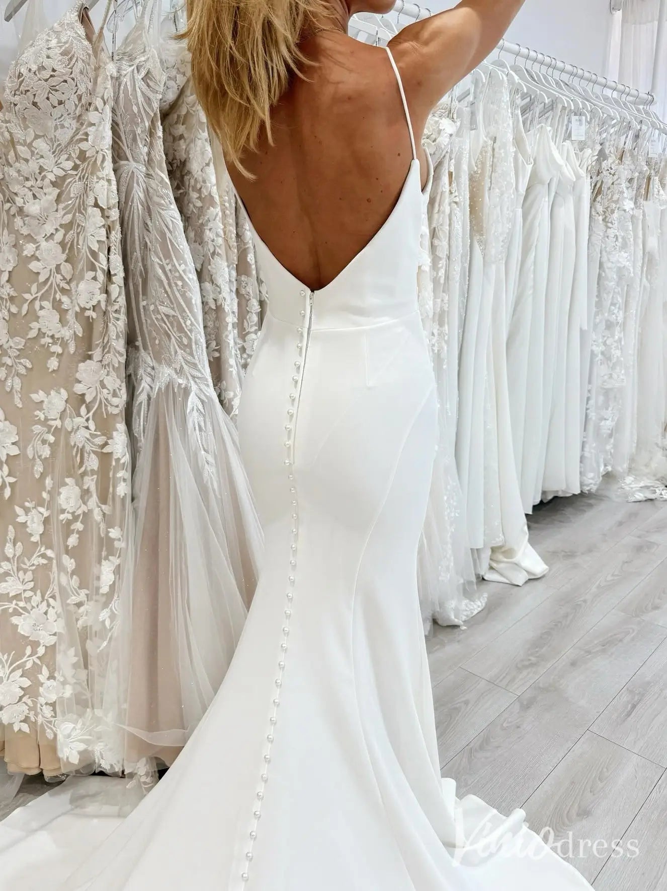Elegant Mermaid Crepe Wedding Dress with Pearl Beaded Neckline, Spaghetti Straps, and Sweep Train – MN116-wedding dresses 2025 -Viniodress-Ivory-Custom Size-