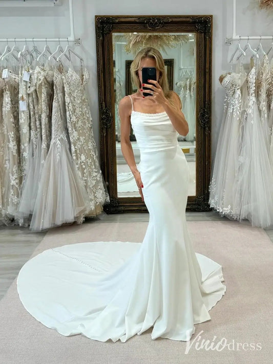 Elegant Mermaid Crepe Wedding Dress with Pearl Beaded Neckline, Spaghetti Straps, and Sweep Train – MN116-wedding dresses 2025 -Viniodress-Ivory-Custom Size-