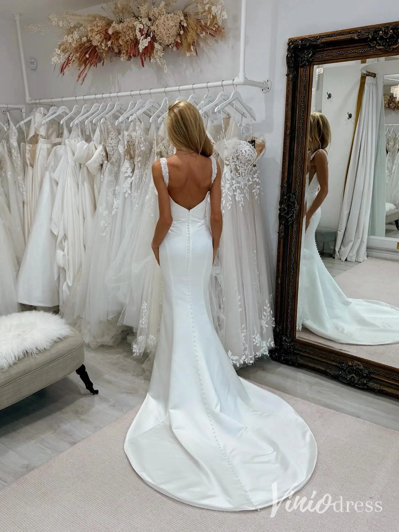 Elegant Mermaid Satin Wedding Dress with Beaded Straps, Draped Cowl Neck and Sweep Train – MN115-wedding dresses 2025 -Viniodress-Ivory-Custom Size-
