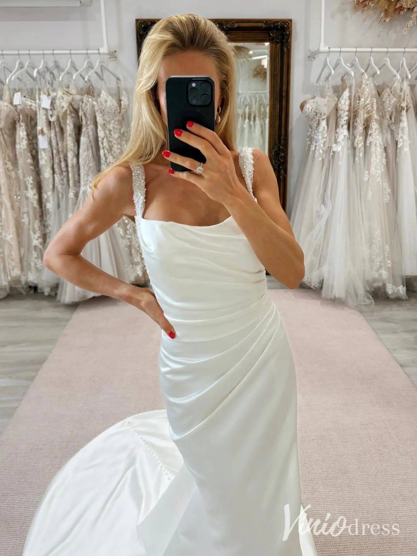 Elegant Mermaid Satin Wedding Dress with Beaded Straps, Draped Cowl Neck and Sweep Train – MN115-wedding dresses 2025 -Viniodress-Ivory-Custom Size-