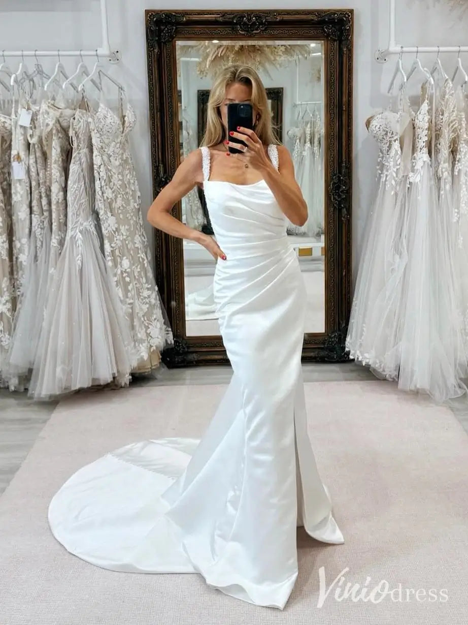 Elegant Mermaid Satin Wedding Dress with Beaded Straps, Draped Cowl Neck and Sweep Train – MN115-wedding dresses 2025 -Viniodress-Ivory-Custom Size-