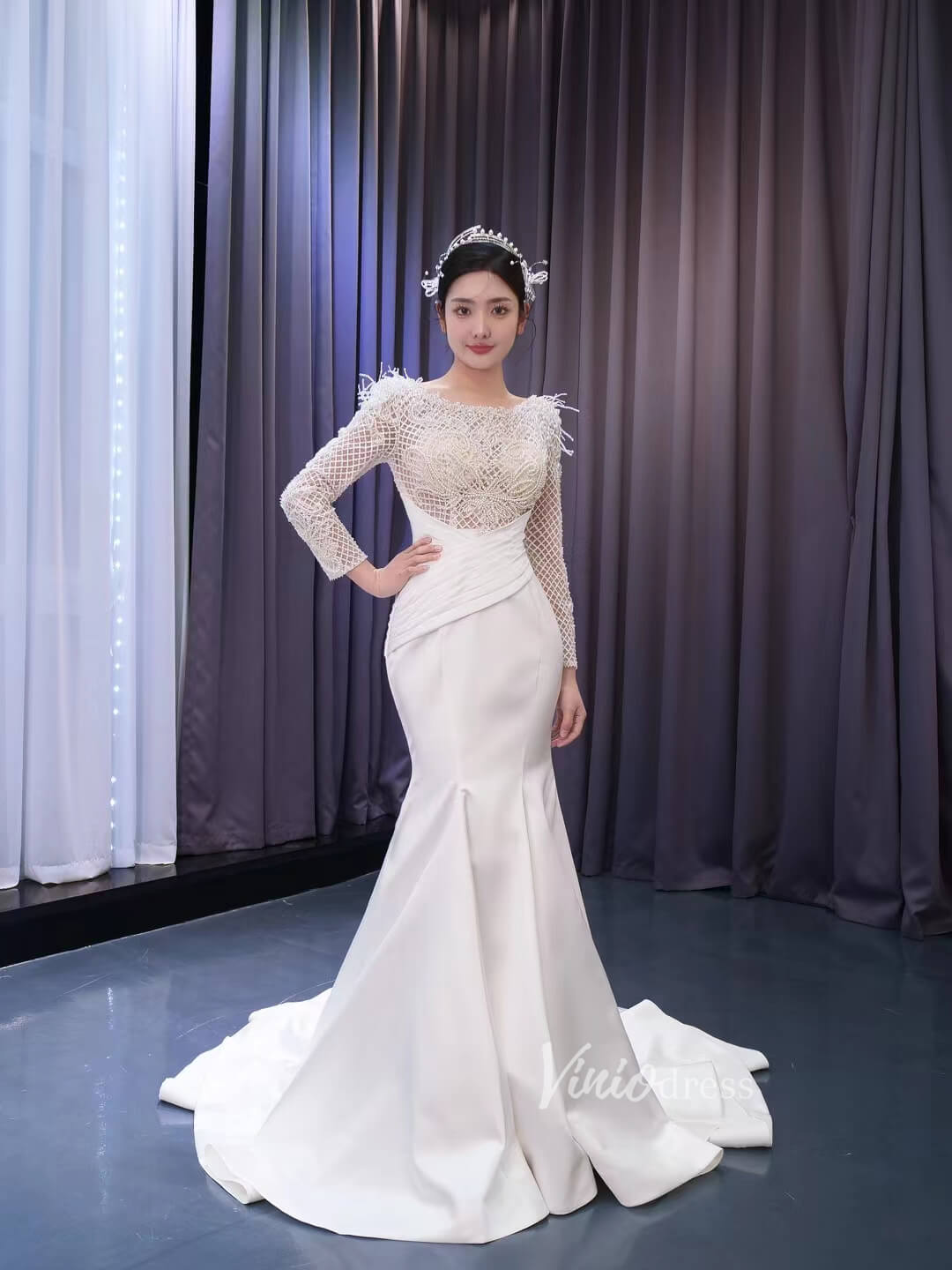 Elegant Mermaid Satin Wedding Dresses Pearl Beaded Long Sleeve Bridal Dress 67482-wedding dresses 2025 -Viniodress-Ivory-Custom Size-