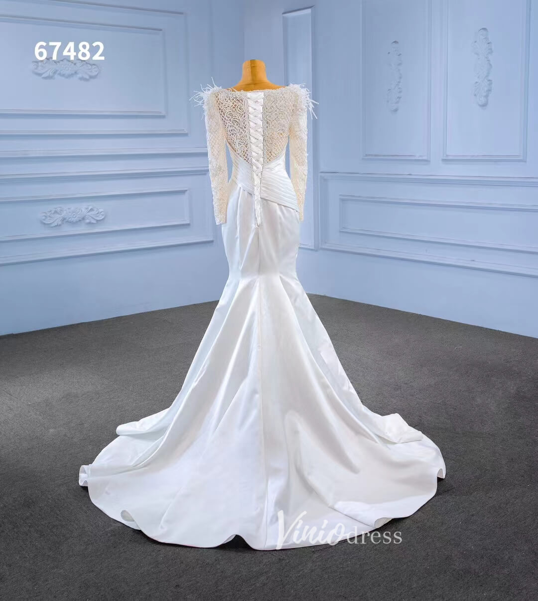 Elegant Mermaid Satin Wedding Dresses Pearl Beaded Long Sleeve Bridal Dress 67482-wedding dresses 2025 -Viniodress-Ivory-Custom Size-