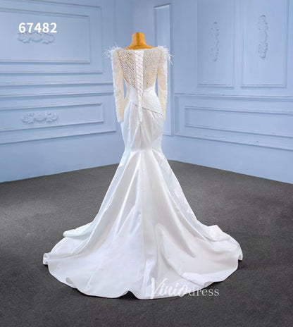 Elegant Mermaid Satin Wedding Dresses Pearl Beaded Long Sleeve Bridal Dress 67482-wedding dresses 2025 -Viniodress-Ivory-Custom Size-