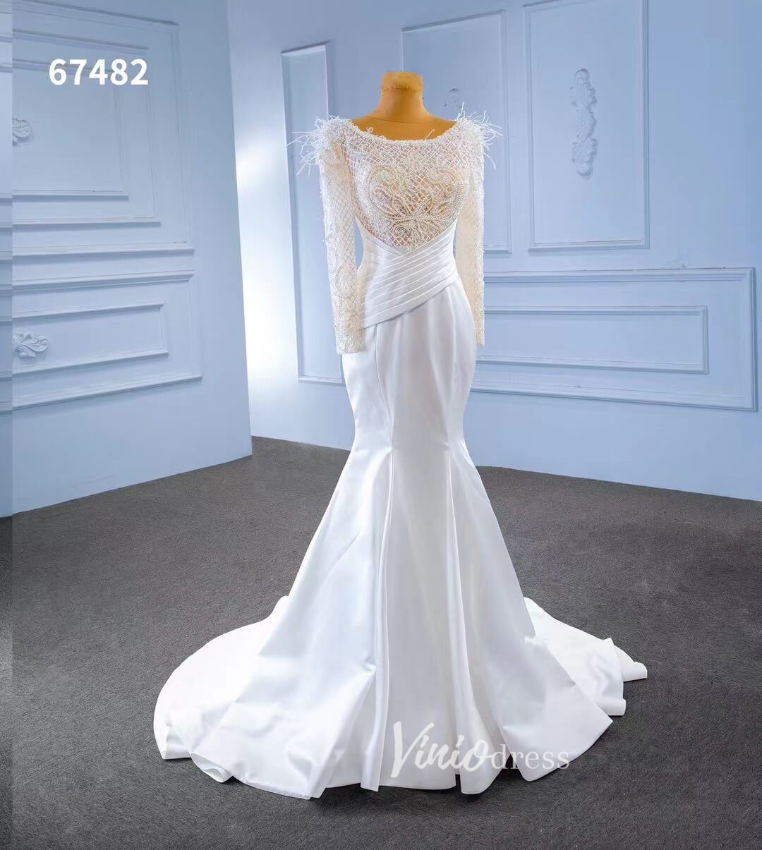 Elegant Mermaid Satin Wedding Dresses Pearl Beaded Long Sleeve Bridal Dress 67482-wedding dresses 2025 -Viniodress-Ivory-Custom Size-