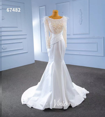 Elegant Mermaid Satin Wedding Dresses Pearl Beaded Long Sleeve Bridal Dress 67482-wedding dresses 2025 -Viniodress-Ivory-Custom Size-