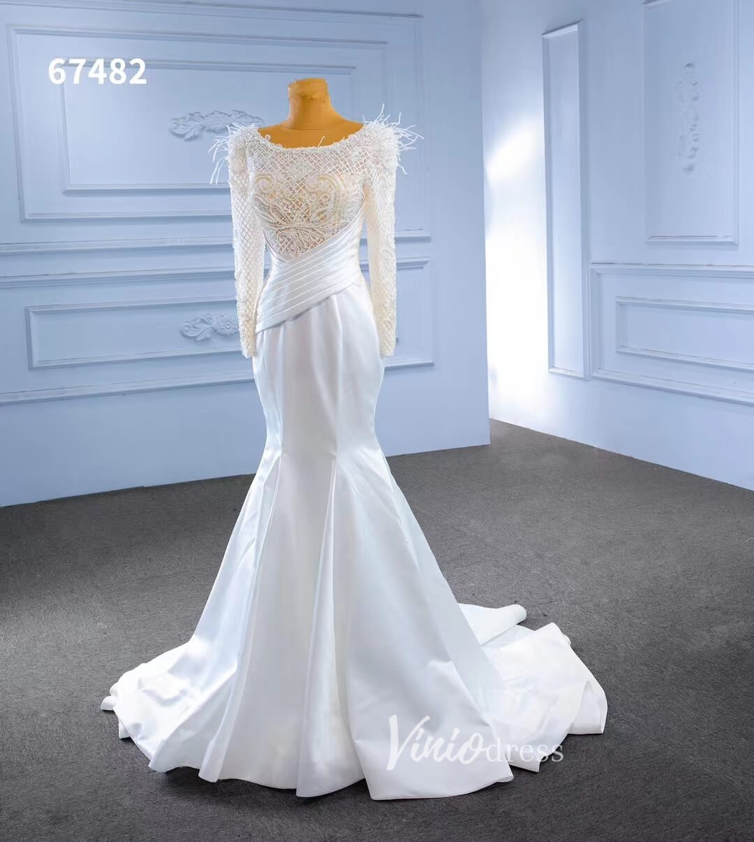 Elegant Mermaid Satin Wedding Dresses Pearl Beaded Long Sleeve Bridal Dress 67482-wedding dresses 2025 -Viniodress-Ivory-Custom Size-