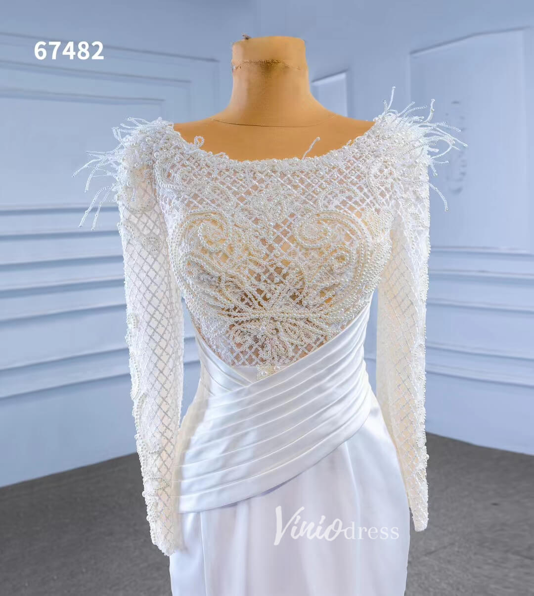 Elegant Mermaid Satin Wedding Dresses Pearl Beaded Long Sleeve Bridal Dress 67482-wedding dresses 2025 -Viniodress-Ivory-Custom Size-