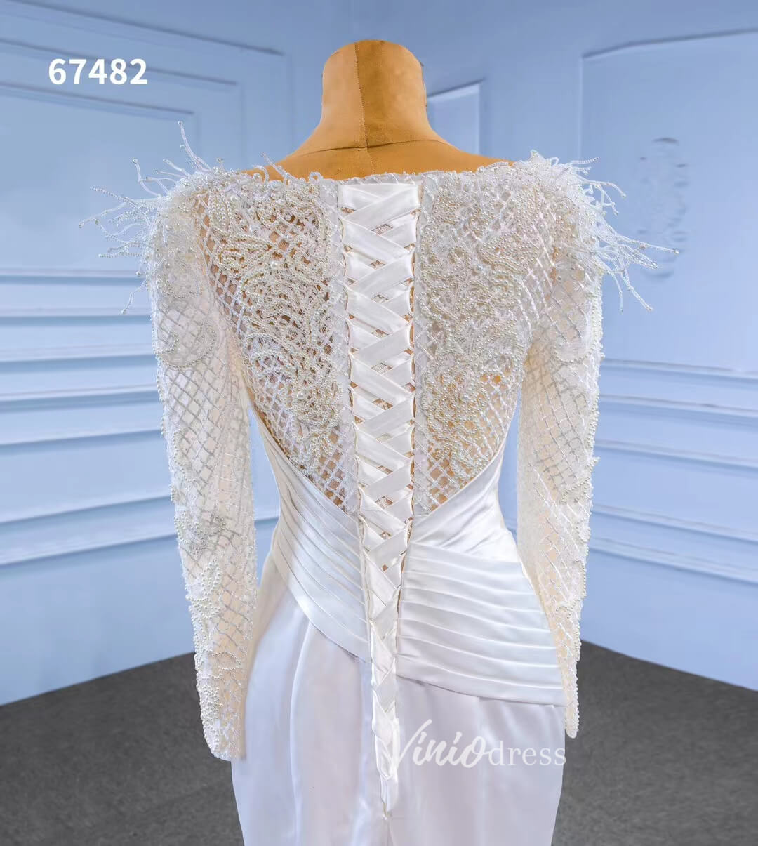 Elegant Mermaid Satin Wedding Dresses Pearl Beaded Long Sleeve Bridal Dress 67482-wedding dresses 2025 -Viniodress-Ivory-Custom Size-