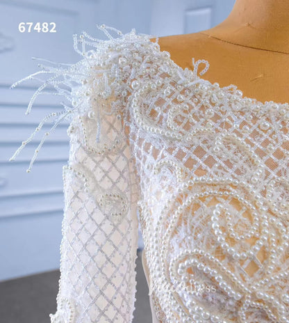 Elegant Mermaid Satin Wedding Dresses Pearl Beaded Long Sleeve Bridal Dress 67482-wedding dresses 2025 -Viniodress-Ivory-Custom Size-