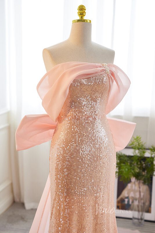 Elegant Mermaid Sequin Prom Dresses Off the Shoulder Evening Dress AD1093-prom dresses 2025 -Viniodress-Pink-Custom Size-