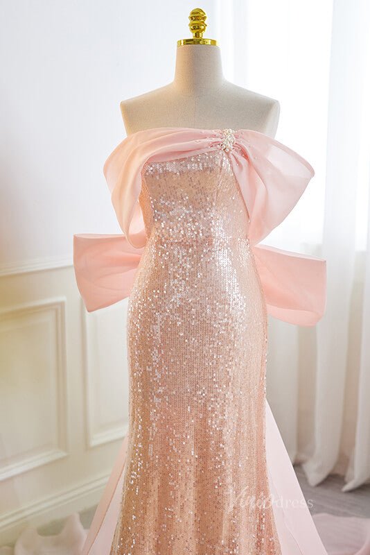 Elegant Mermaid Sequin Prom Dresses Off the Shoulder Evening Dress AD1093-prom dresses 2025 -Viniodress-Pink-Custom Size-