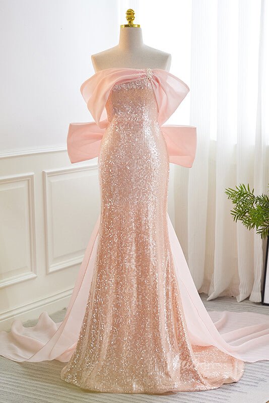 Elegant Mermaid Sequin Prom Dresses Off the Shoulder Evening Dress AD1093-prom dresses 2025 -Viniodress-Pink-Custom Size-