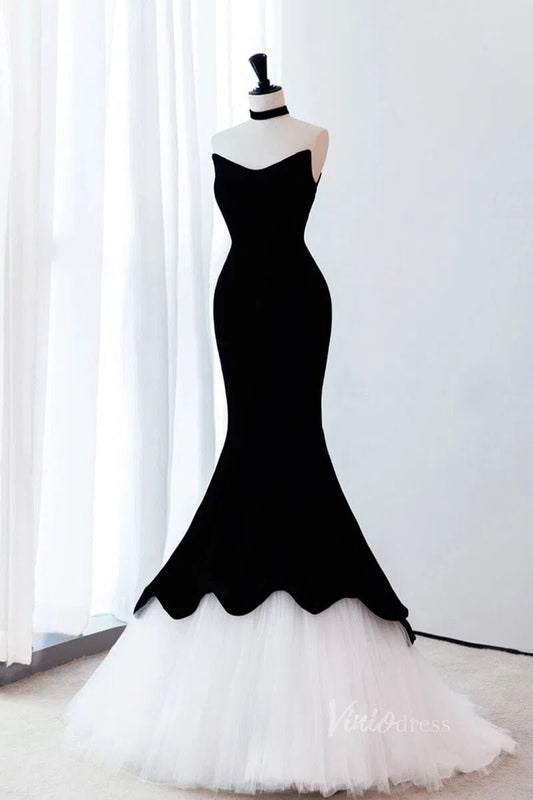 Elegant Mermaid Velvet Prom Dresses Strapless Evening Dress AD1074-prom dresses 2025 -Viniodress-Black-Custom Size-