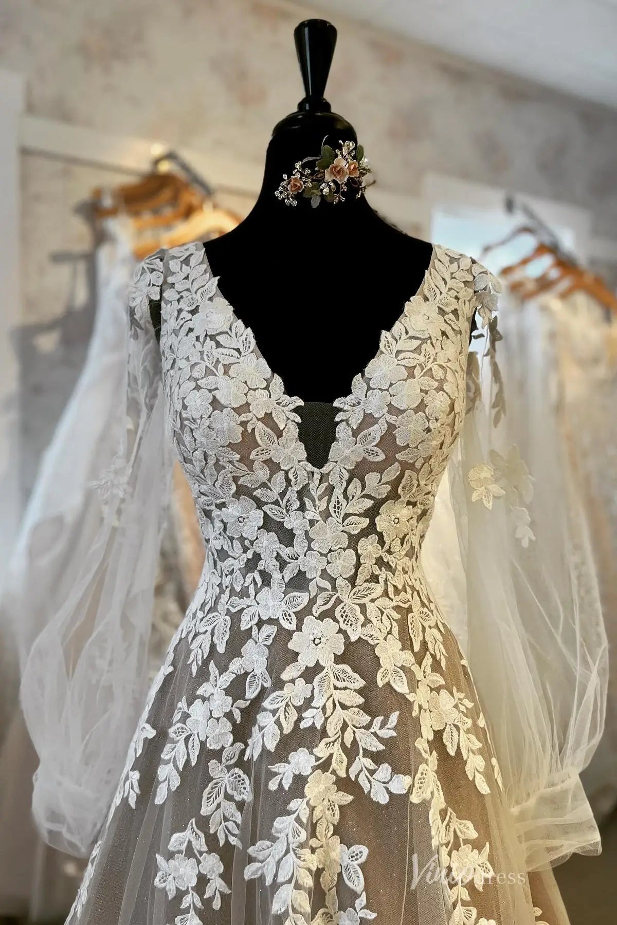 Elegant Nude Floral Lace A-Line Wedding Dress with V-Neck Bodice, Sheer Long Sleeves & Chapel Train – LA154-wedding dresses 2026-Viniodress-Nude-Custom Size-