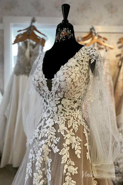 Elegant Nude Floral Lace A-Line Wedding Dress with V-Neck Bodice, Sheer Long Sleeves & Chapel Train – LA154-wedding dresses 2026-Viniodress-Nude-Custom Size-