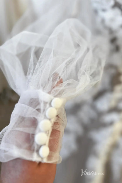 Elegant Nude Floral Lace A-Line Wedding Dress with V-Neck Bodice, Sheer Long Sleeves & Chapel Train – LA154-wedding dresses 2026-Viniodress-Nude-Custom Size-