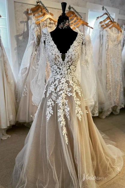 Elegant Nude Floral Lace A-Line Wedding Dress with V-Neck Bodice, Sheer Long Sleeves & Chapel Train – LA154