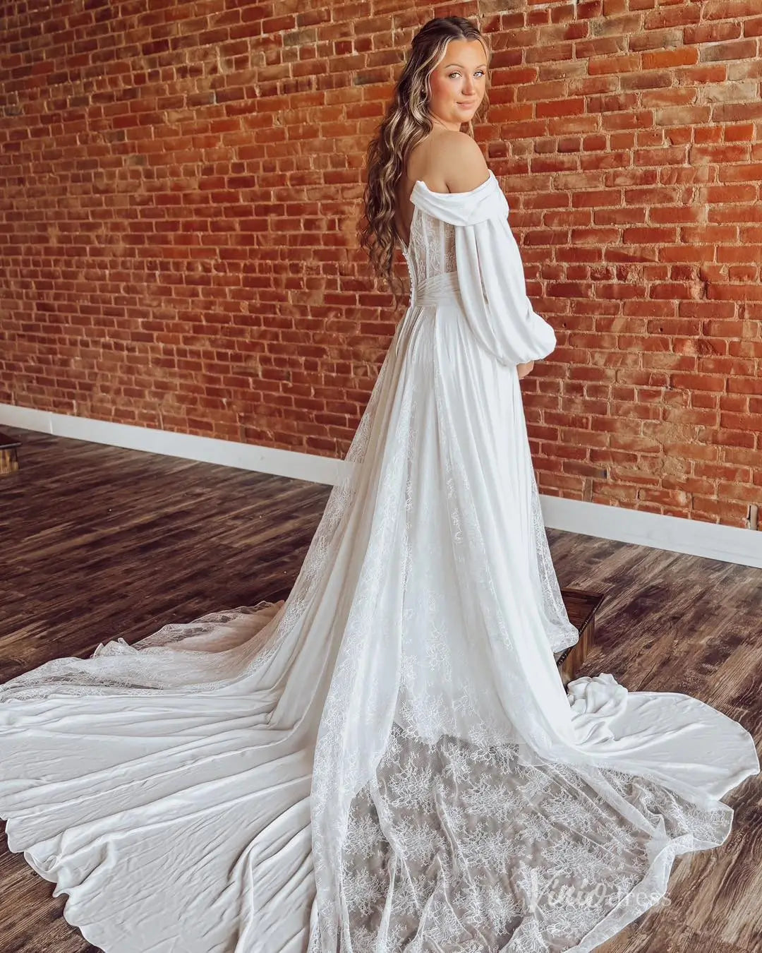 Elegant Off-Shoulder Lace Chiffon Wedding Dress with Long Sleeves, Side Slit, and Lace-Trimmed Train – LA124-wedding dresses 2025 -Viniodress-Ivory-Custom Size-