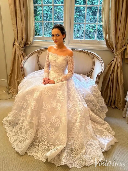 Elegant Off Shoulder Lace Wedding Dress with Long Sleeves and Full Skirt – VW2575-wedding dresses 2025 -Viniodress-Ivory-Custom Size-